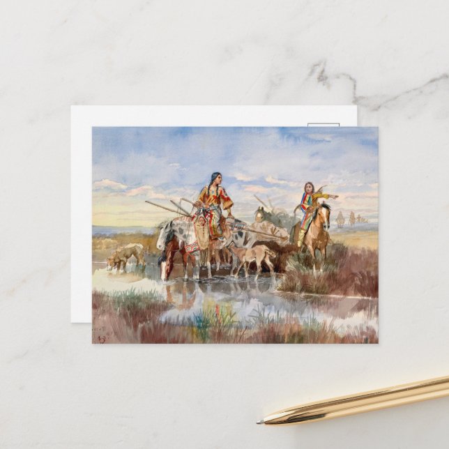 Indiska familjen med Travois av Charles M Russell Helg Vykort (Fram/Back In Situ)