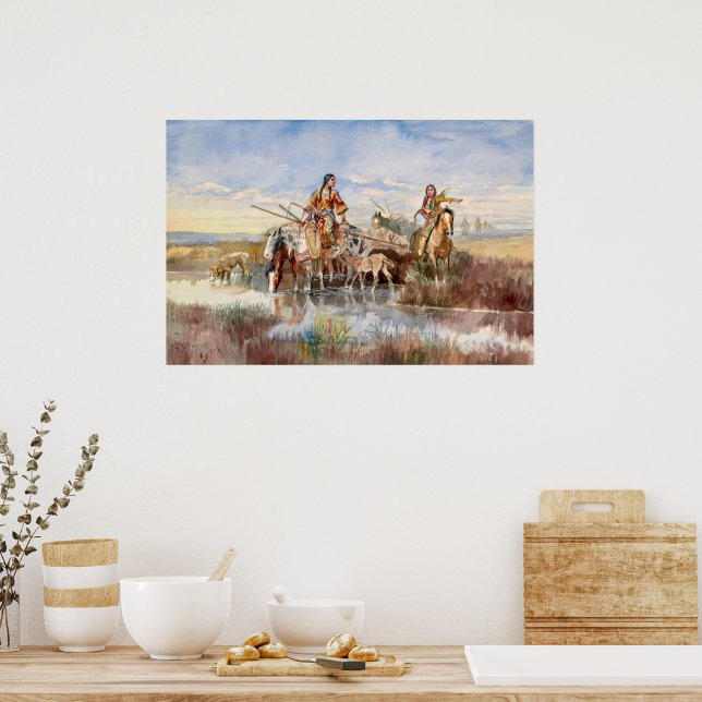 Indiska familjen med Travois av Charles M Russell Poster (Kök)