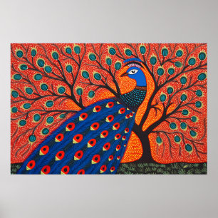 Indiska Gond Art Peacock   Art i Indien Poster