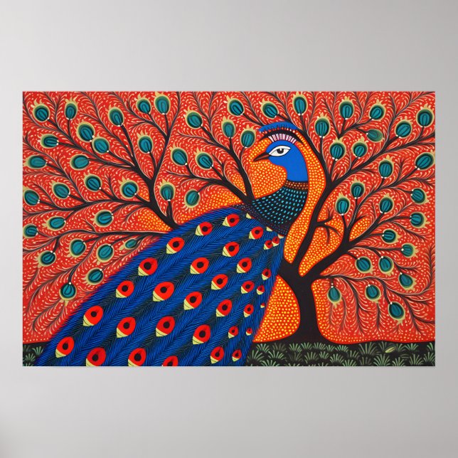 Indiska Gond Art Peacock | Art i Indien Poster (Framsidan)