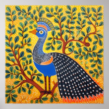 Indiska Gond Art Peacock-Gulten | Art i Indien
