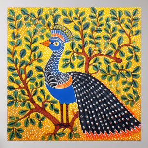 Indiska Gond Art Peacock-Gulten   Art i Indien Poster