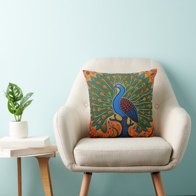 Indiska Gond Art Peacock-Orangen | Art i Indien Kudde (Stol)