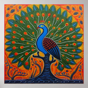 Indiska Gond Art Peacock-Orangen   Art i Indien Poster