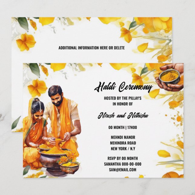 Indiska Haldi Ceremony-blommigt-brud groom Inbjudningar (Fram/baksida)