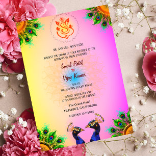 Indiska Hindu Bröllop Ganesha Rosa Peacock Pair Inbjudningar
