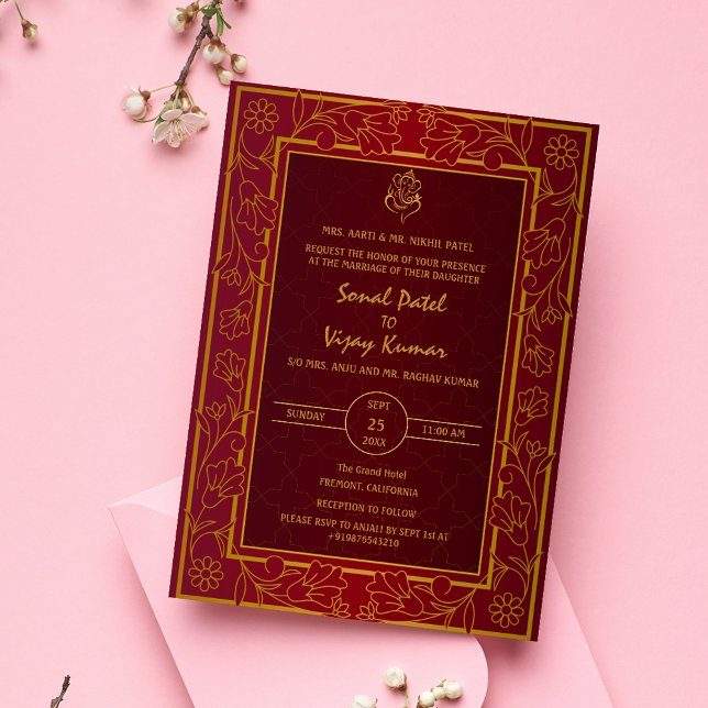 Indiska Hindu Bröllop Golden Inslag Ganesha-Logoty Inbjudningar (Skapare uppladdad)
