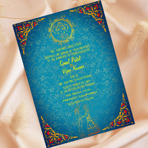 Indiska Hindu Bröllop par Image Teal Golden Inbjudningar