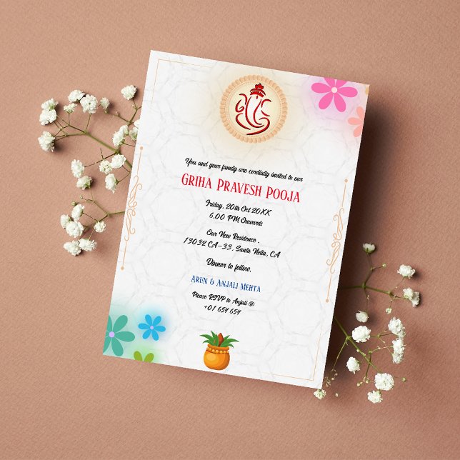 Indiska Hindu Houseuppvärmning Griha Pravesh-Blomm Inbjudningar (Skapare uppladdad)