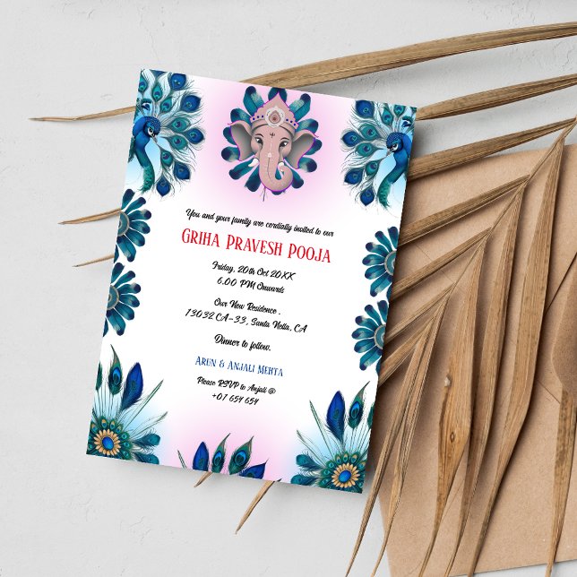 Indiska Hindu Houseuppvärmta Griha Pravesh Peacock Inbjudningar (Skapare uppladdad)