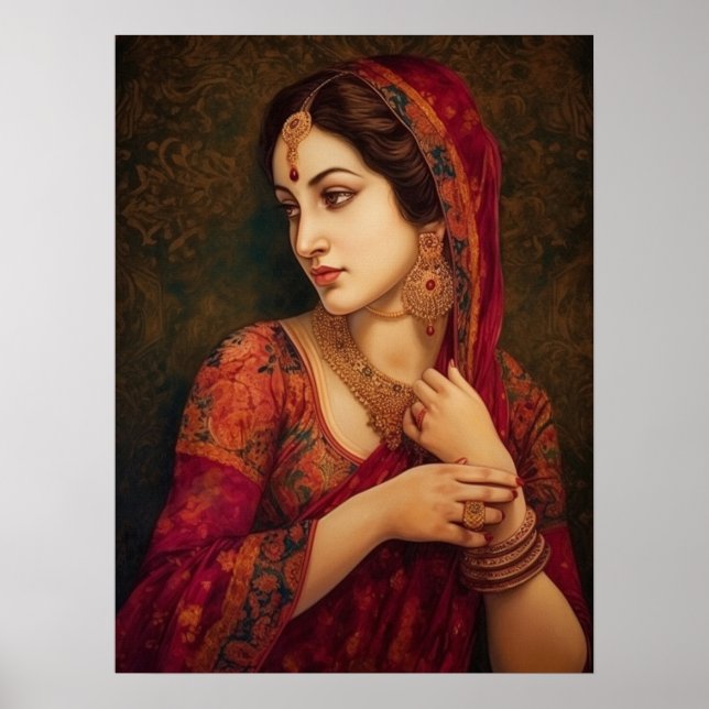 Indiska kvinnor i Red Saree Porträtt Painting Poster (Framsidan)