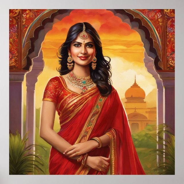Indiska kvinnor i Temple med traditionell saree Poster (Framsidan)