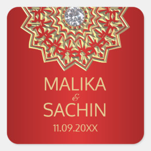 Indiska Mandala Flower RED RED Guld Bröllop Sälar Fyrkantigt Klistermärke