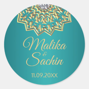 Indiska Mandala Flower Teal Blue Guld Bröllop Säla Runt Klistermärke