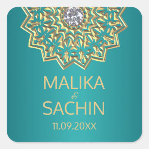 Indiska Mandala Flower TEAL Guld Bröllop Sälar Fyrkantigt Klistermärke