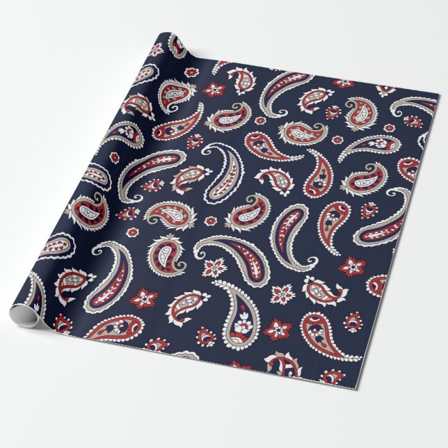 Indiska mönster, traditionell paisley på marinflot presentpapper (Utrullad)