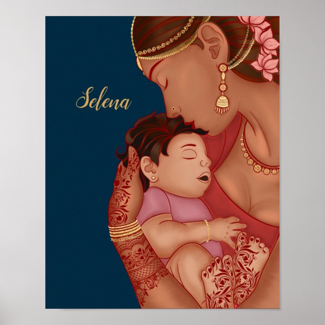 Indiska mor som håller baby på att bära henna poster (Framsidan)