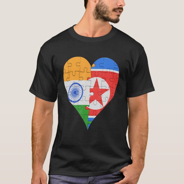 Indiska Nordkoreanska Flagga Heart T Shirt (Framsida)