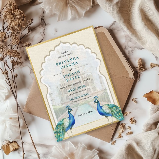 Indiska Peacock Guld Taj Mahal Aesthetic Bröllop Inbjudningar (Gold Teal Blue Peacock Indian Wedding Arch Traditional Punjabi Hindu Taj Mahal Aesthetic Colorful)