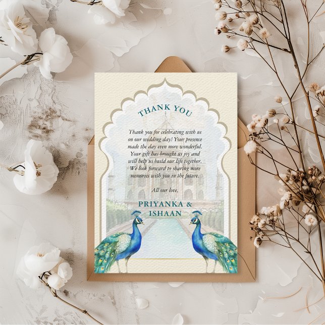 Indiska Peacock Guld Taj Mahal Aesthetic Bröllop Tack Kort (Indian Wedding Thank You Card Peacocks Taj Mahal Arch Aesthetic Hindu Punjabi)