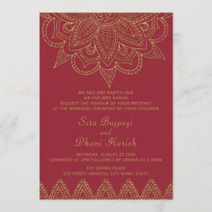 Indiska Riken Red Guld Mehndi Hindu Bröllop Inbjudningar