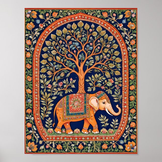 Indiska tekoner av heliga träd och heliga elefant poster (Framsidan)