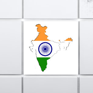 Indiska trifärens Flagga "Tiranga" på Indiens Kart Kakelplatta