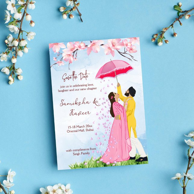 Indiskt bröllop spara datum-par med paraply inbjudningar (Indian wedding save the date card romantic Indian couple with umbrella falling petals template)