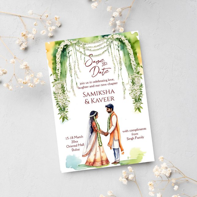 Indiskt bröllop spara datum par under jasmin inbjudningar (Indian wedding save the date template invitation instant download Indian bridal couple cartoon gajra)