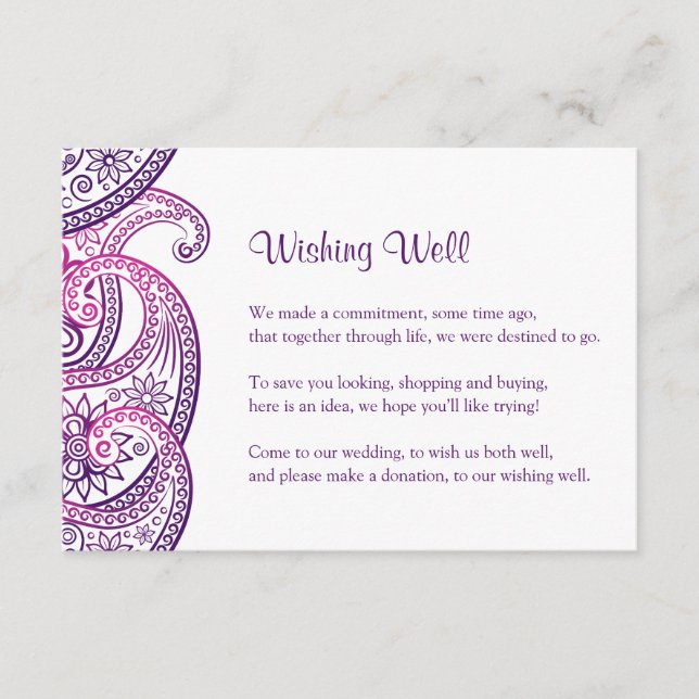 Indiskt bröllopshjärtas önskebrunn, lila & rosa pa tilläggskort (Framsida)