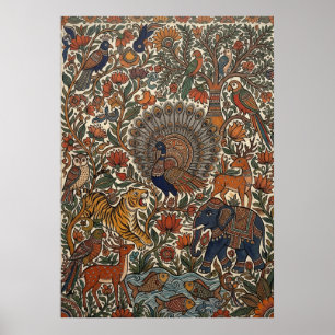 Indiskt Kalamkari-folkkonst Påfågel Tiger Elefant  Poster
