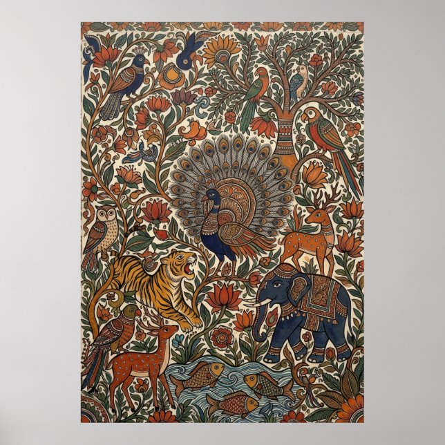 Indiskt Kalamkari-folkkonst Påfågel Tiger Elefant  Poster (Framsidan)