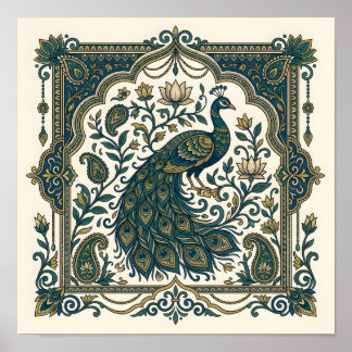 Indiskt påfågelspaisley-lotus-väggplansch poster