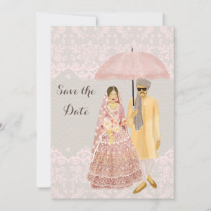 Indiskt par Illustration med rosa paraply Spara Datumet