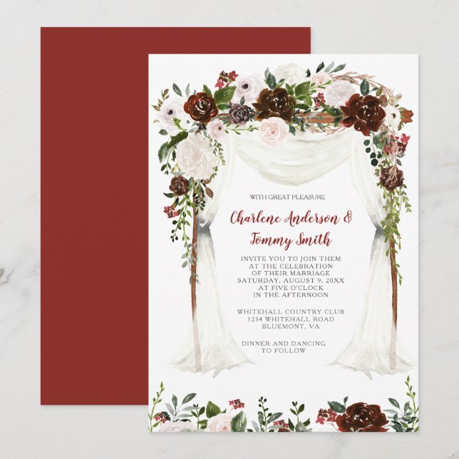 Indiskt rött boho rustikt akvarell blommande tak inbjudningar (Fram/baksida)