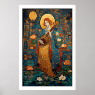 Indiskt väggkonst Saraswati Veena Print, Lotus och
