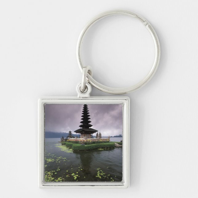 Indonesien, Bali, Ulun Danu Temple. Fyrkantig Silverfärgad Nyckelring (Framsidan)