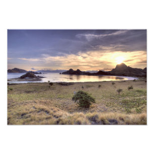 Indonesien, Komodo nationalpark. Solnedgång på en Fototryck