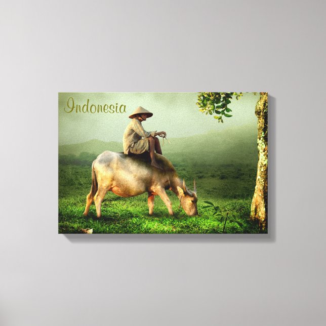Indonesiens naturlandskap med Buffalo och Farmer Canvastryck (Framsida)