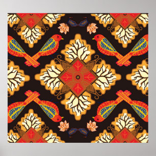 Indonesisk batik: flora fauna motif. poster