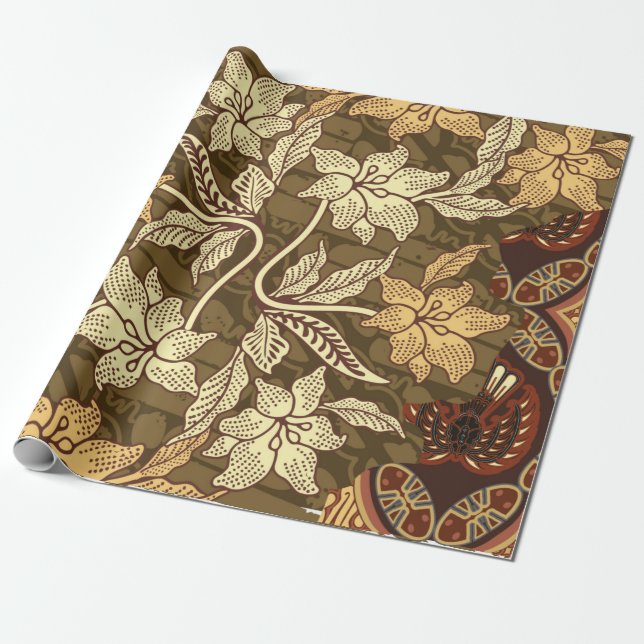 Indonesisk batik-motiv med flora- och fauna-patte presentpapper (Utrullad)