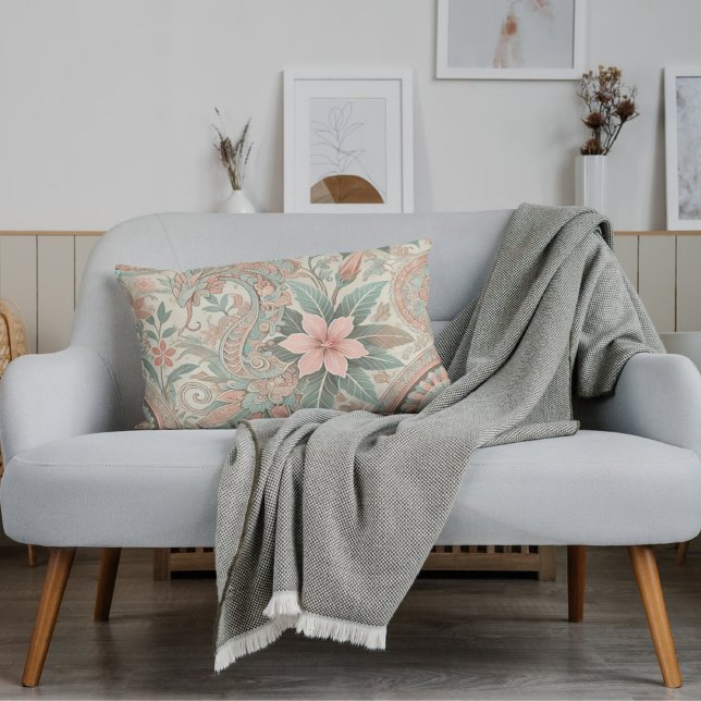 Indonesiskt batik Blommönster Boho Rosa Blue Lumbarkudde (Skapare uppladdad)