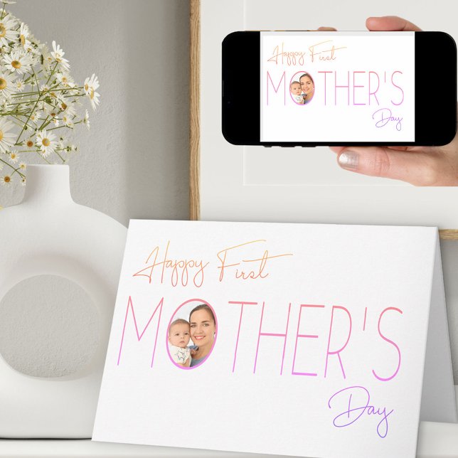 Indrag Foto Ombre Typography First Mors dag Kort (Modern First Mother's Day Card with custom mommy and baby photo)