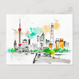 Indriga bläck-teckningar Shanghai Skyline på Bund Vykort