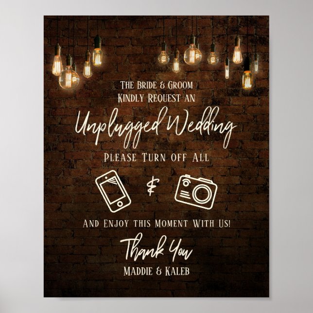 Industrial Brick Edison Lights Unplugged Wedding Poster (Framsidan)