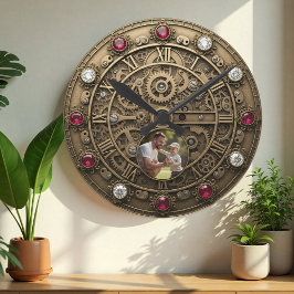 Industrial Clock, Family Photo, Gears, Steampunk Rund Klocka