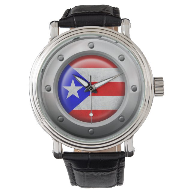 Industrial Puerto Rican Flagga Steel Graphic Armbandsur (Framsida)
