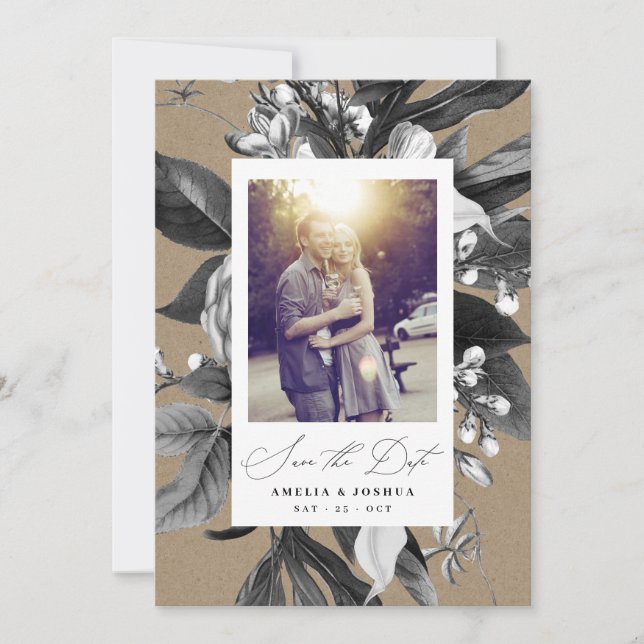 Industrial Rustic Chic Blommigt Bröllop Photo Kraf Spara Datumet (Framsida)