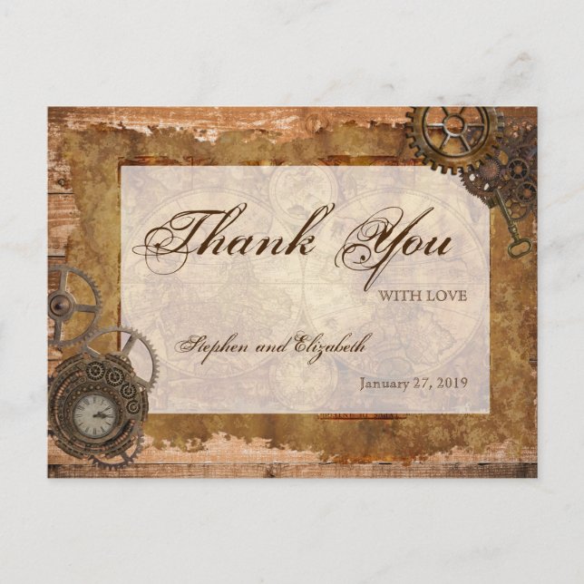 Industrial Steampunk Vintage Karta Wood Vykort (Framsida)