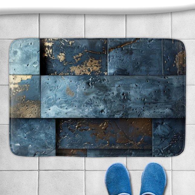 Industriell Blå Abstrakt  Badrumsmatta (Bath mat featuring an abstract industrial design in blue and gold colors)